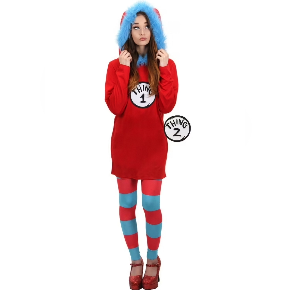 DR SEUSS Cat In The Hat, Thing 1 & 2 Hooded Dress Halloween Costume- XL